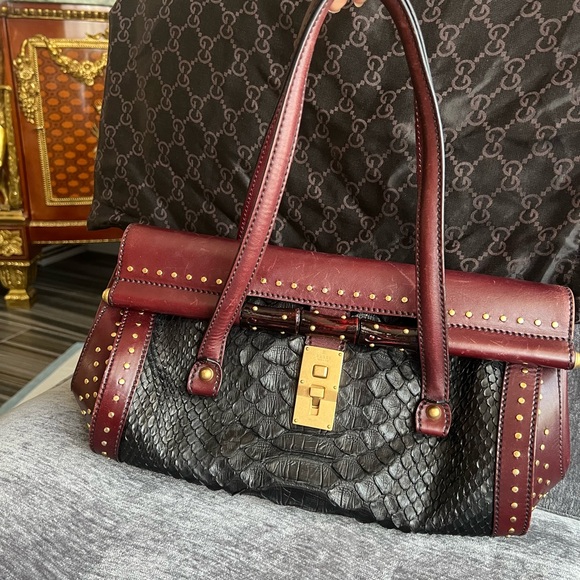 Auth.GUCCI 100% real python skin and burgundy leather shoulder bag,excellent - Picture 11 of 16